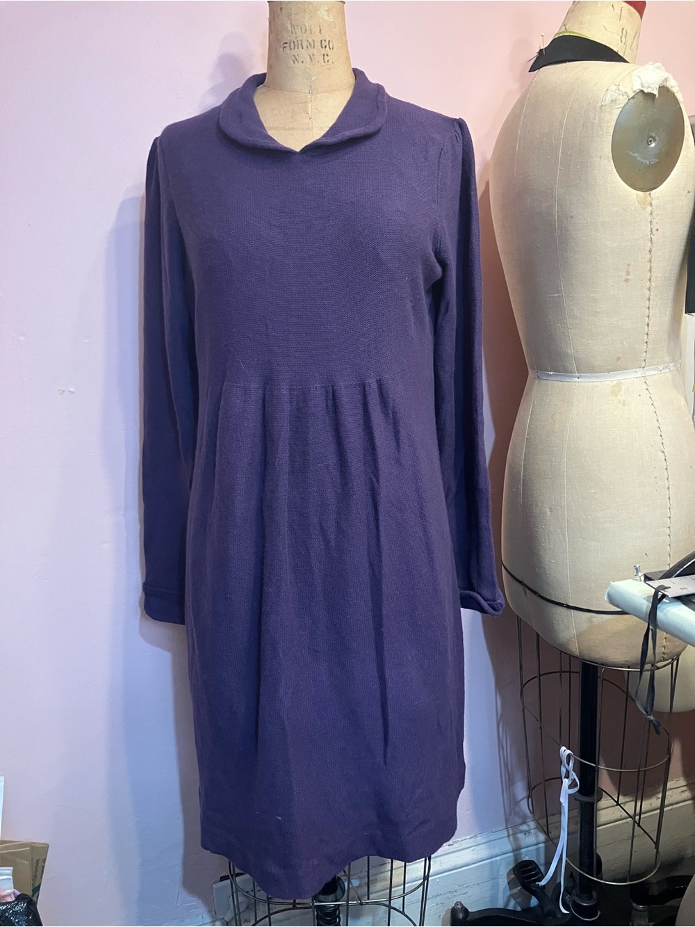 Boden Deep Purple Long-Sleeve Gathered-Waist Knit Dress